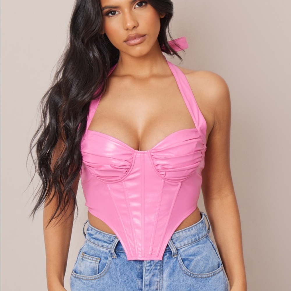 PRETTYLITTLETHING pink leather corset top no tags